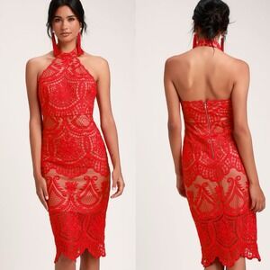 Lulus Celebrate Life Red Lace Halter Midi Dress Size Small Guest Occasion Formal